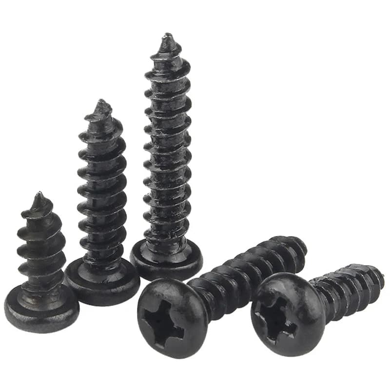 Kit parafusos autoatarraxantes Phillips cabeça redonda cruzada em aço carbono preto, diferentes tamanhos