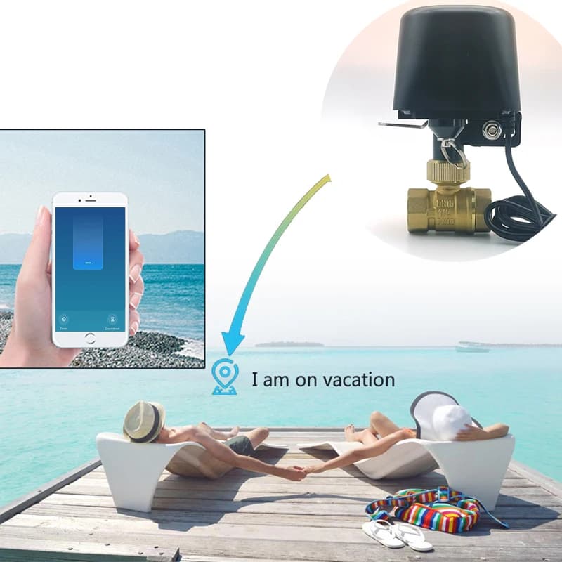 Válvula de água smart Tuya preta controlada por app móvel para uso remoto em férias