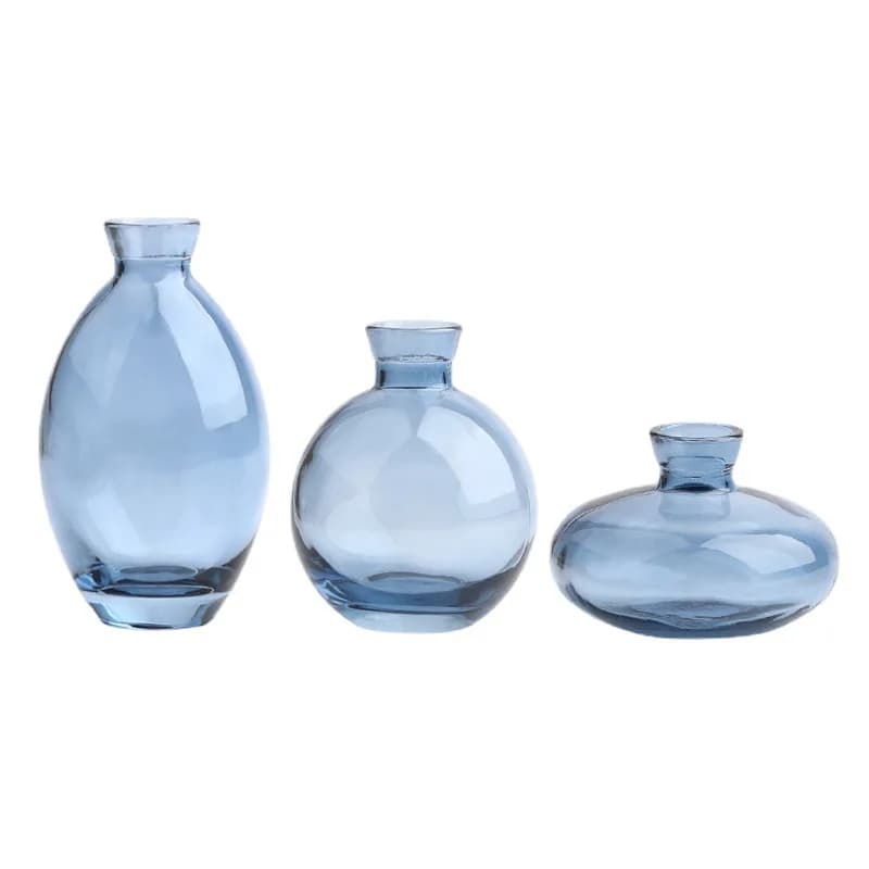 Conjunto com 3 vasos decorativos hidropônicos em vidro azul transparente com formatos variados