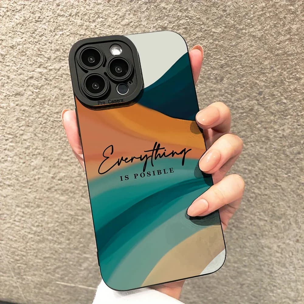 Capa de telefone multi-colorida listrada com citação 'Everything is possible' para iPhone 13 Pro Max