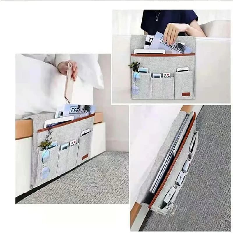 Bolsa organizadora cinza em feltro para sofá e cama com bolsos para controle remoto e acessórios