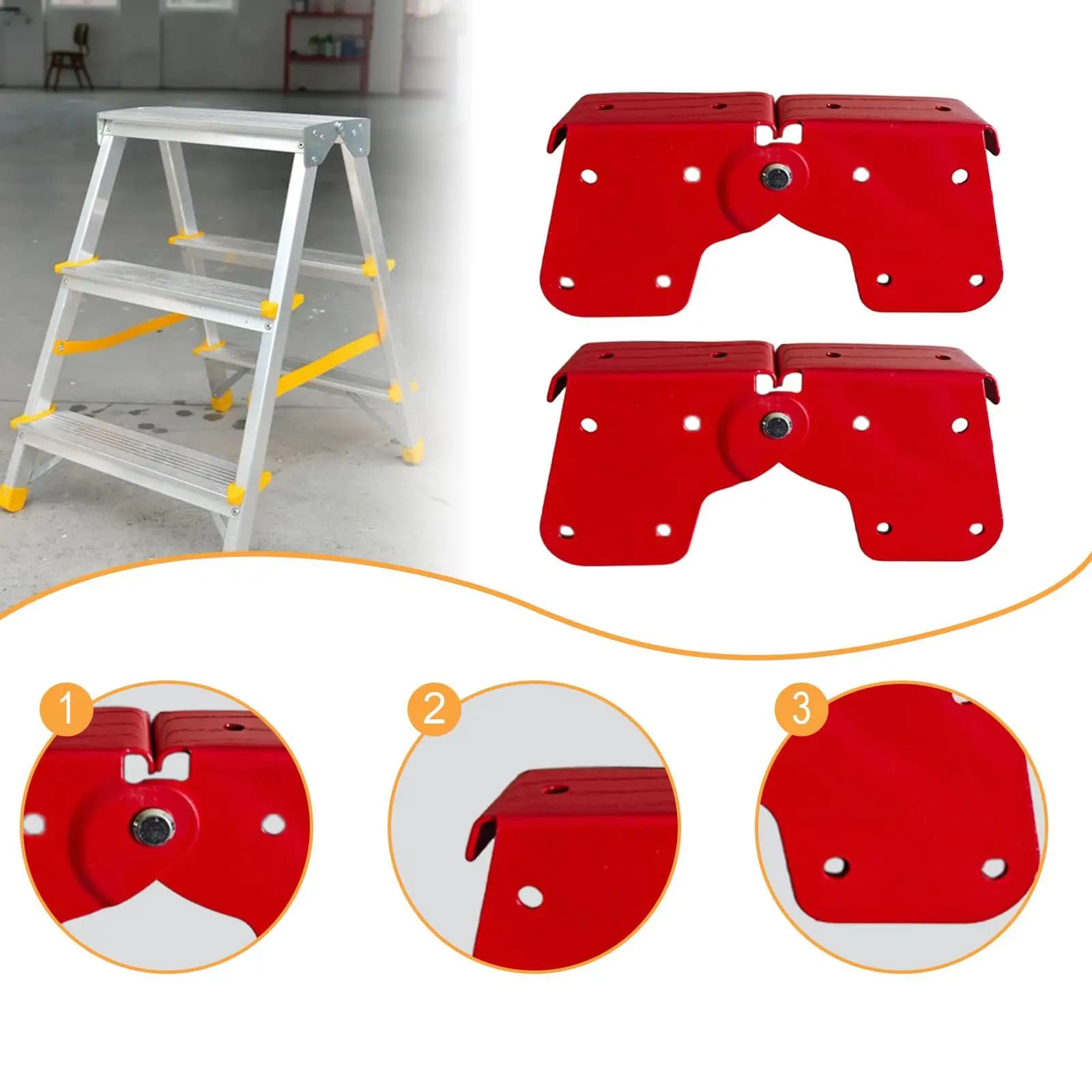 Kit 4 dobradiças vermelhas para escada dobrável multiuso com detalhes de fixação e uso