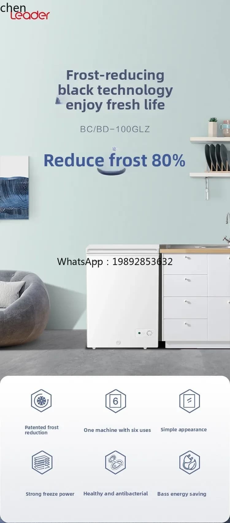 Mini freezer horizontal de primeira classe em termos de eficiência energética, com uma única temperatura e redução de gelo, para congelamento total.