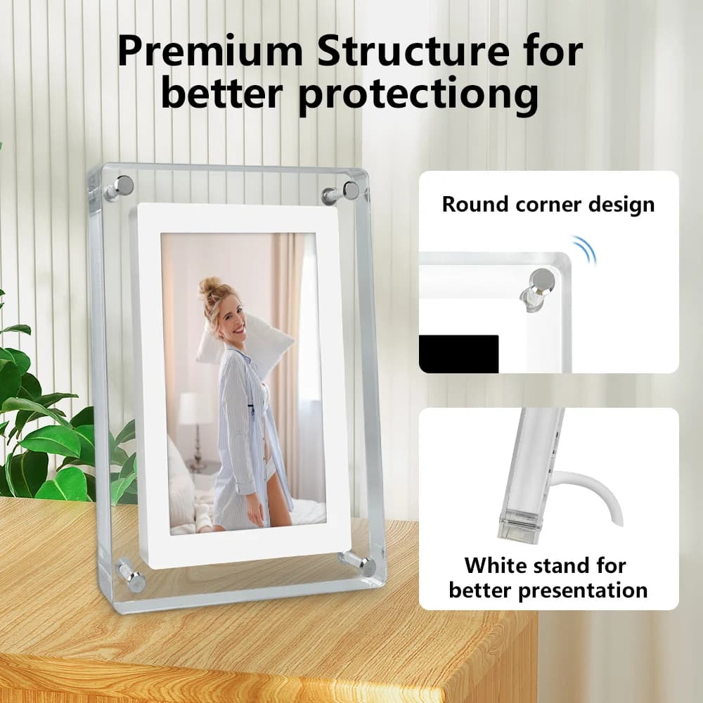 Porta-retratos digital acrílico branco com design de cantos arredondados e suporte para melhor apresentação