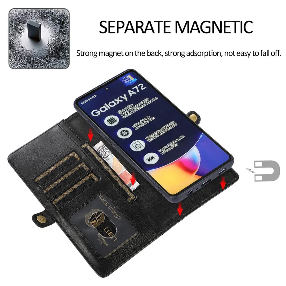 Capa preta para Samsung Galaxy A32 com suporte magnético removível e múltiplos slots para cartões em couro