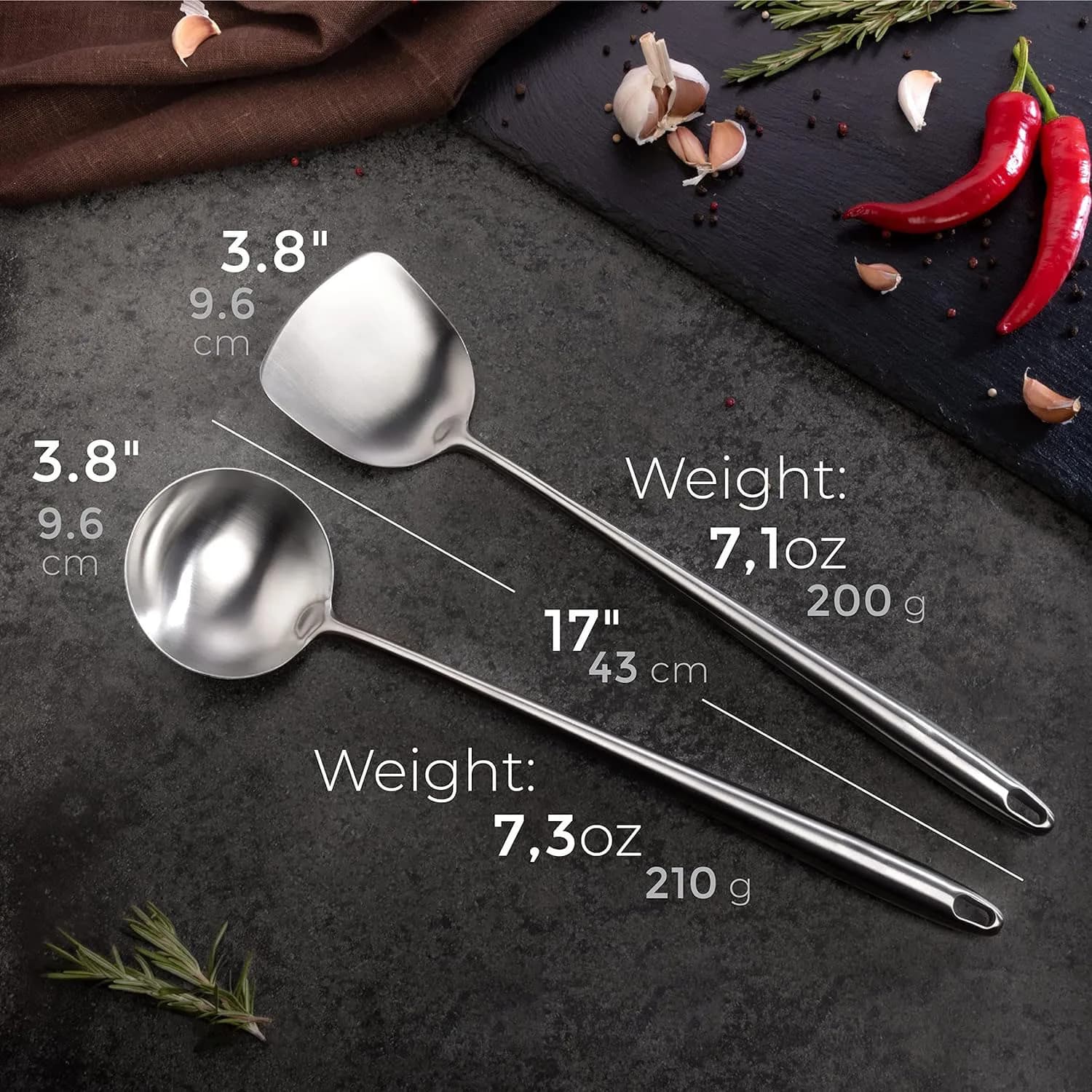 Espátula e concha inox para wok com medidas 43 cm e 9,6 cm e peso aproximado 210g e 200g