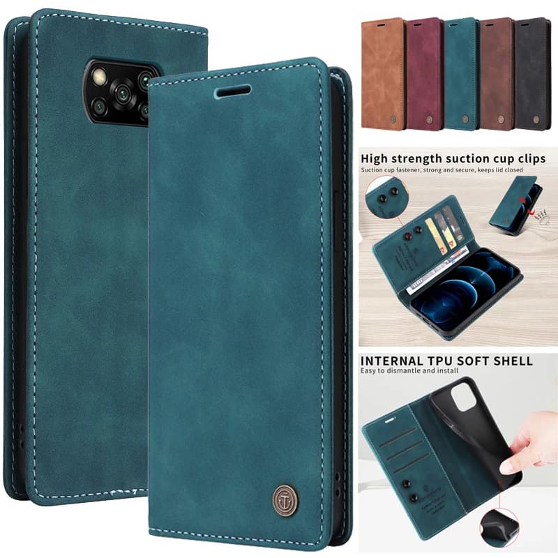 Capa carteira flip azul para Xiaomi Poco X3 Pro com suporte de couro e ventosa