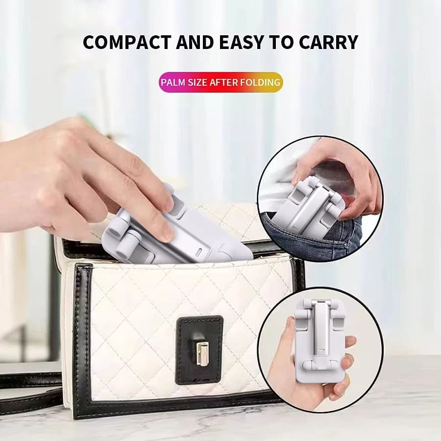 Suporte de mesa branco dobrável para celular compacto e fácil de carregar no bolso ou bolsa