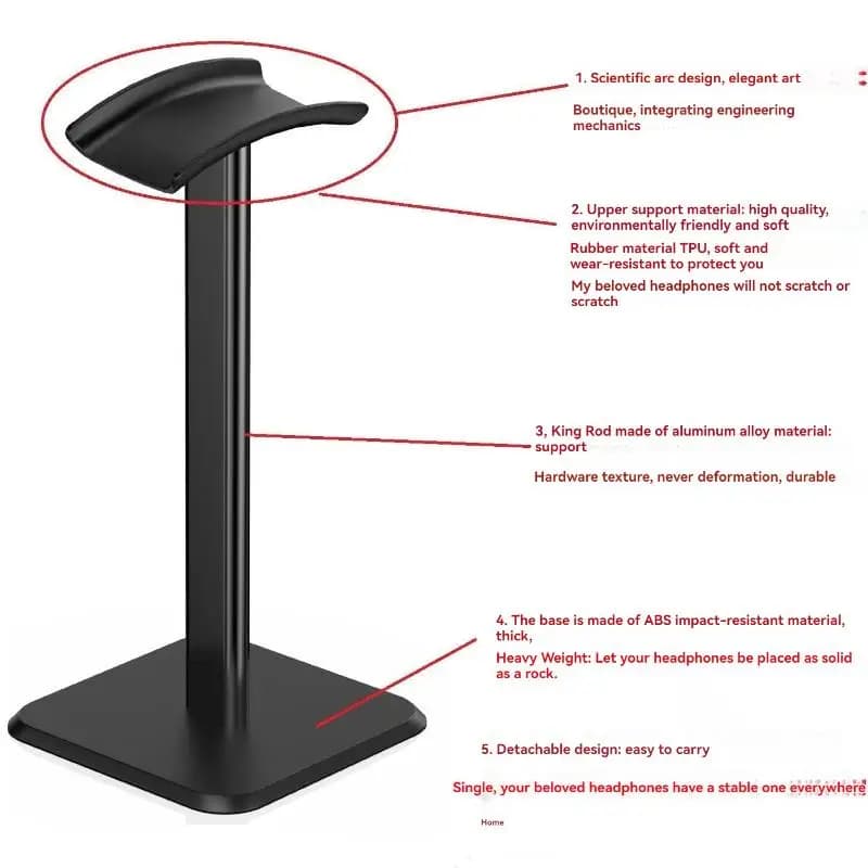 Detalhes do suporte para fone de ouvido gamer em alumínio preto com design ergonômico e base resistente
