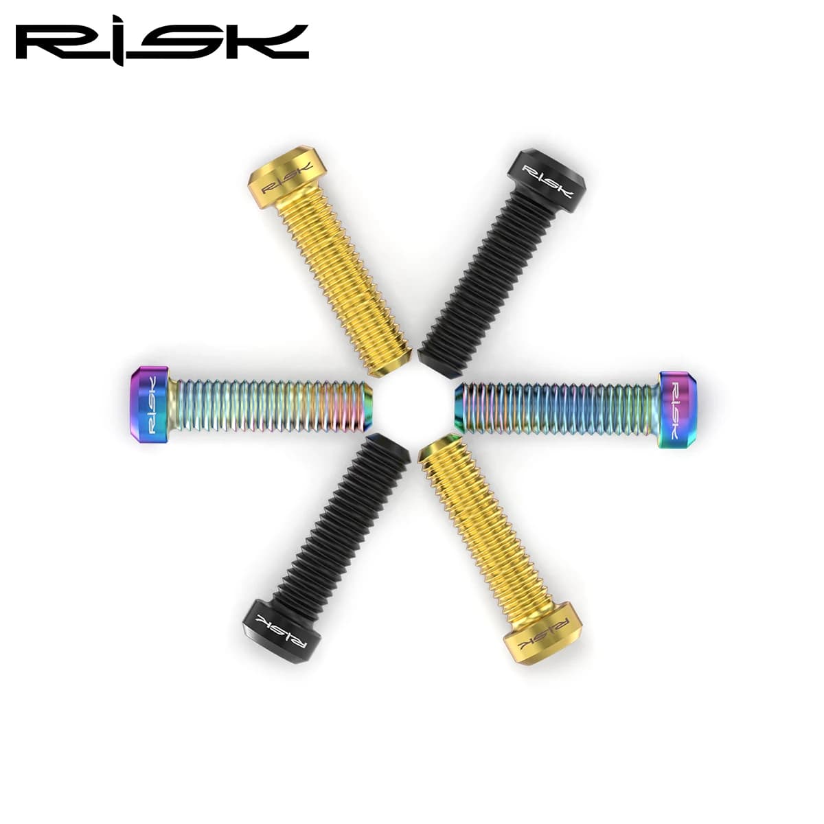 Kit com 6 parafusos para freio a disco RISK M6x23.5mm titânio nas cores dourado, preto e multicolorido