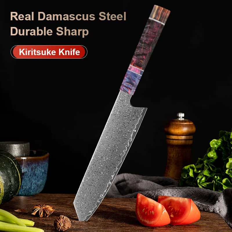 Faca Kiritsuke japonesa de 8 polegadas, aço Damasco, cabo de madeira, lâmina afiada