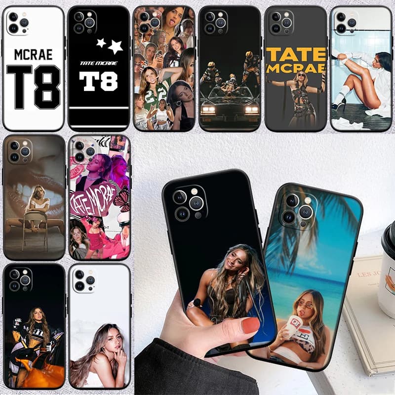 Capa de telefone preta com estampas da cantora Tate McRae para Xiaomi Poco C40