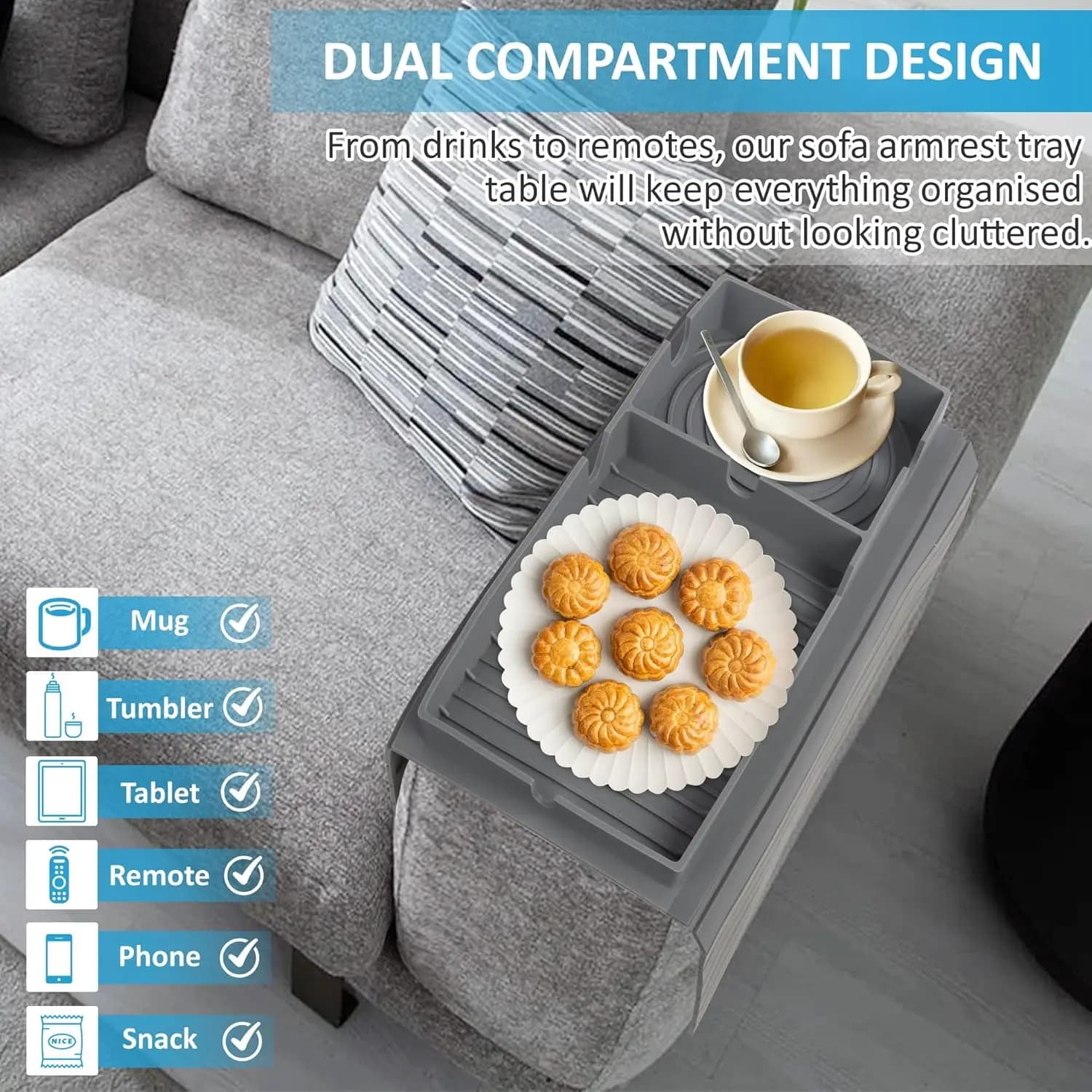 Bandeja de apoio para braço de sofá cinza com design de compartimentos duplos para copos, controles e snacks
