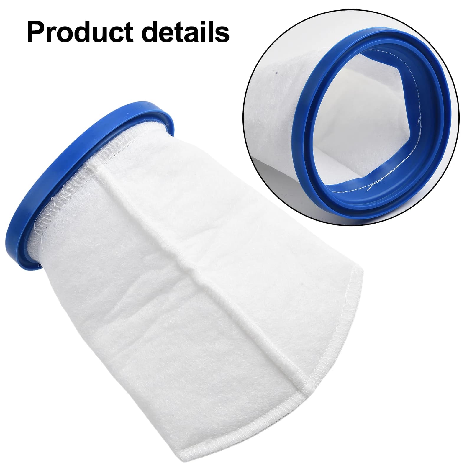 Saco de filtro branco com borda azul para aspirador de piscina, detalhe da costura e abertura