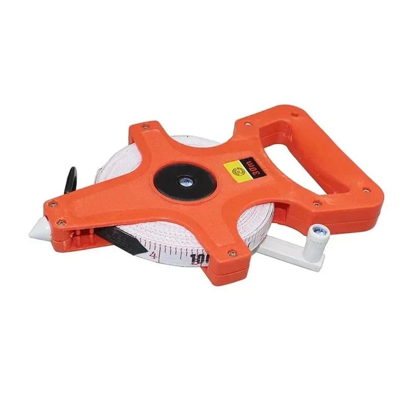 Fita métrica de fibra de vidro laranja 30m com manivela branca e escala em polegadas para medição