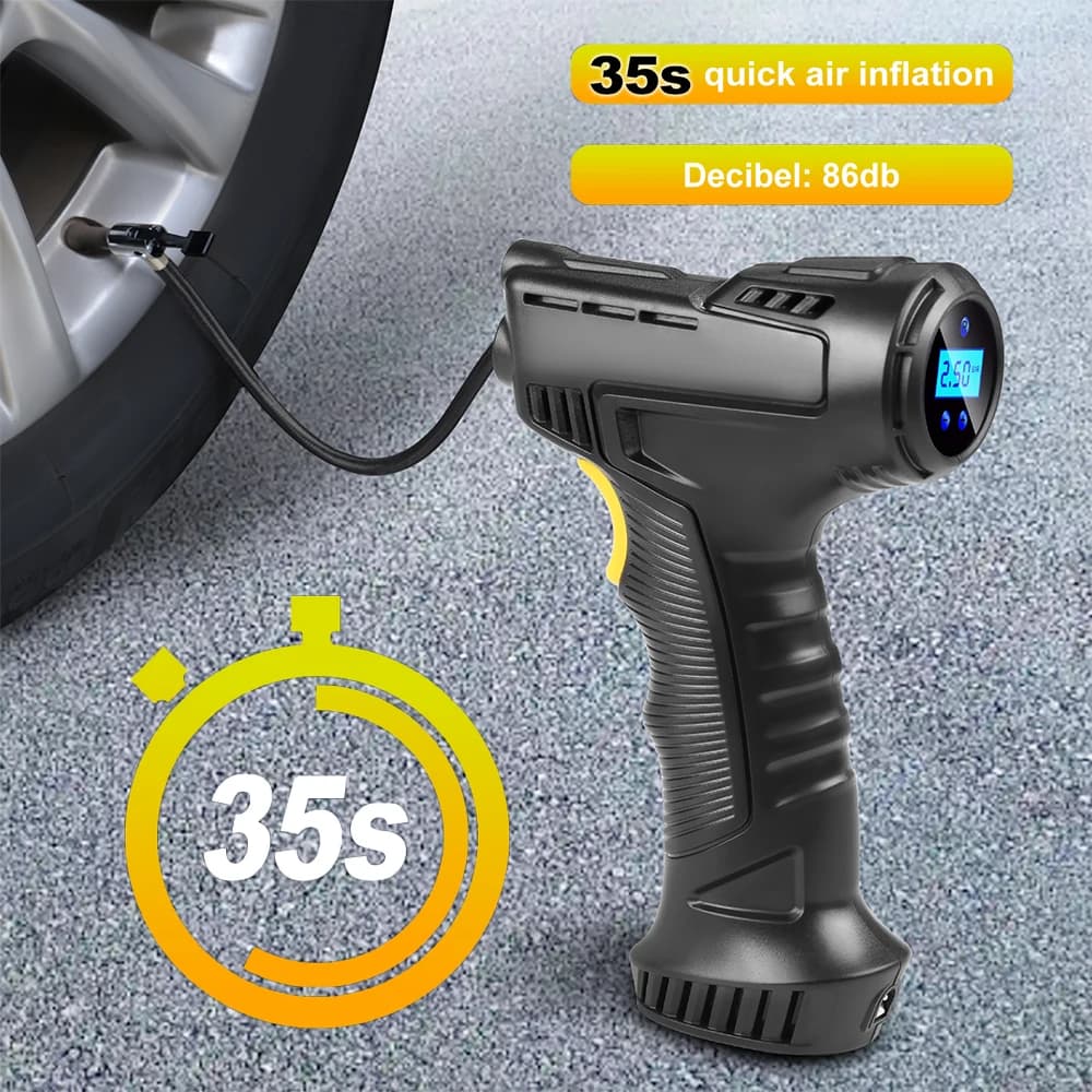 Compressor de ar portátil conectado a um pneu de carro com tempo de inflação de 35 segundos
