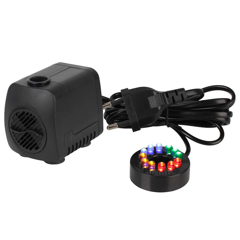 Bomba de água preta compacta com plugue UE e luz LED colorida para fonte de jardim