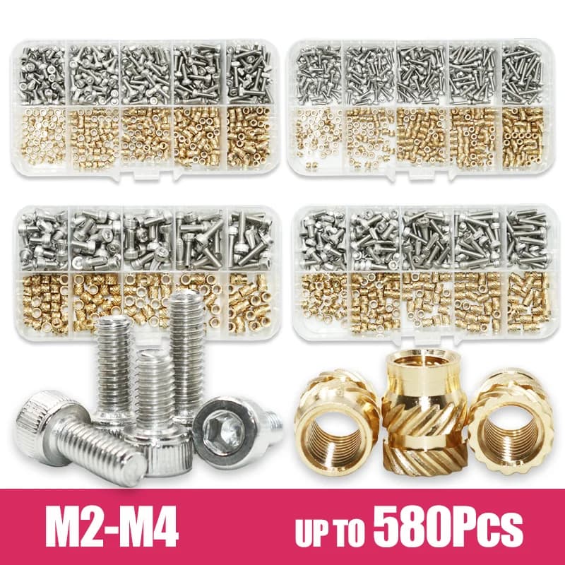 Kit de parafusos e porcas de inserção térmica M2-M4 em latão e aço inoxidável
