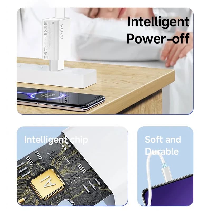 Carregador Xiaomi 90W branco com desligamento inteligente, chip AI e cabo flexível e durável para celular