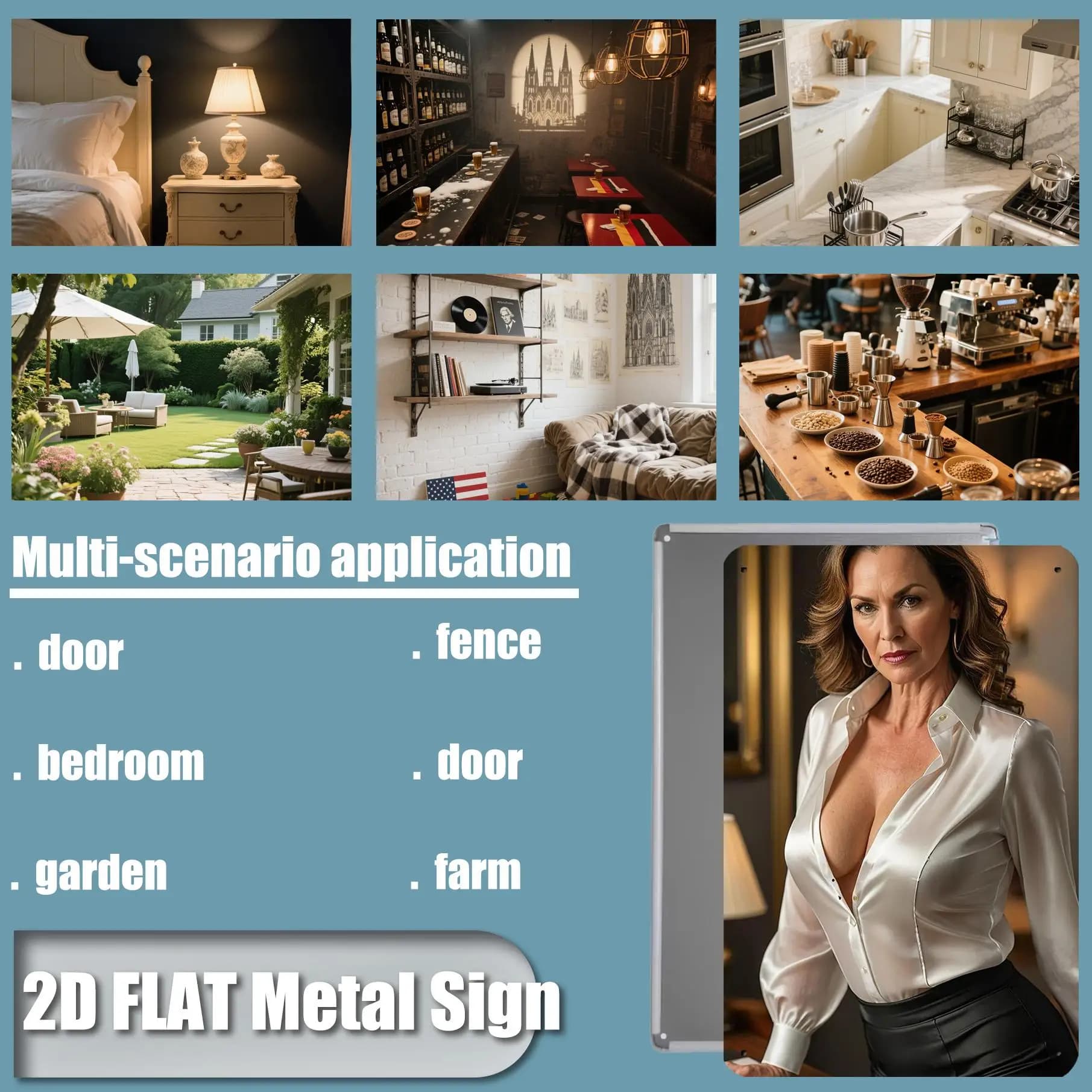 Aplicações multi cenário para placa metálica 2D flat com imagem feminina camisa branca