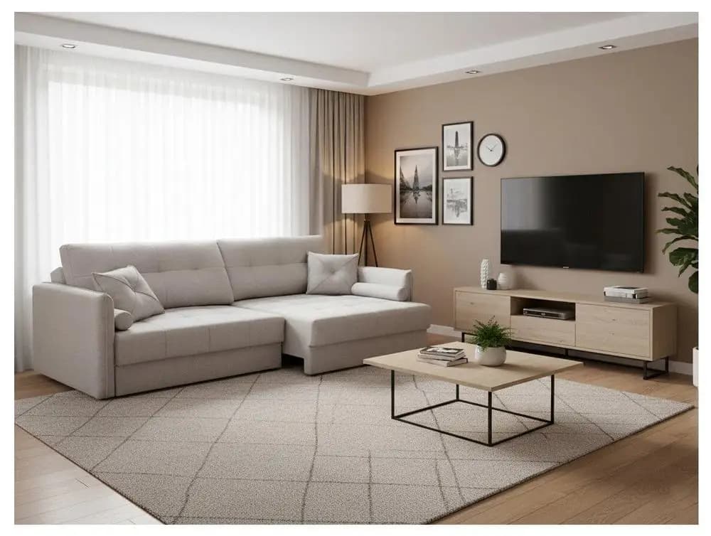 Sofá de canto cinza claro reclinável com design moderno para sala de estar