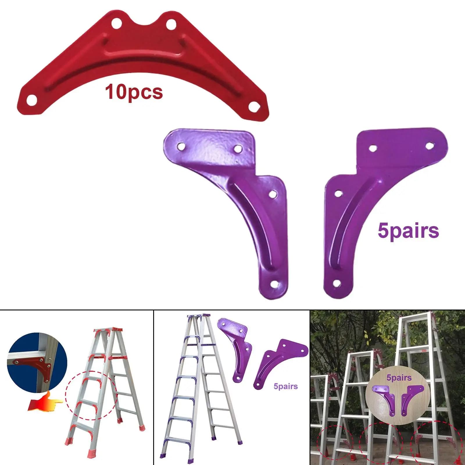 Conjunto de chapas de reforço metálicas para escada Jácotei, cantos triangulares vermelhos e roxos, 10 peças