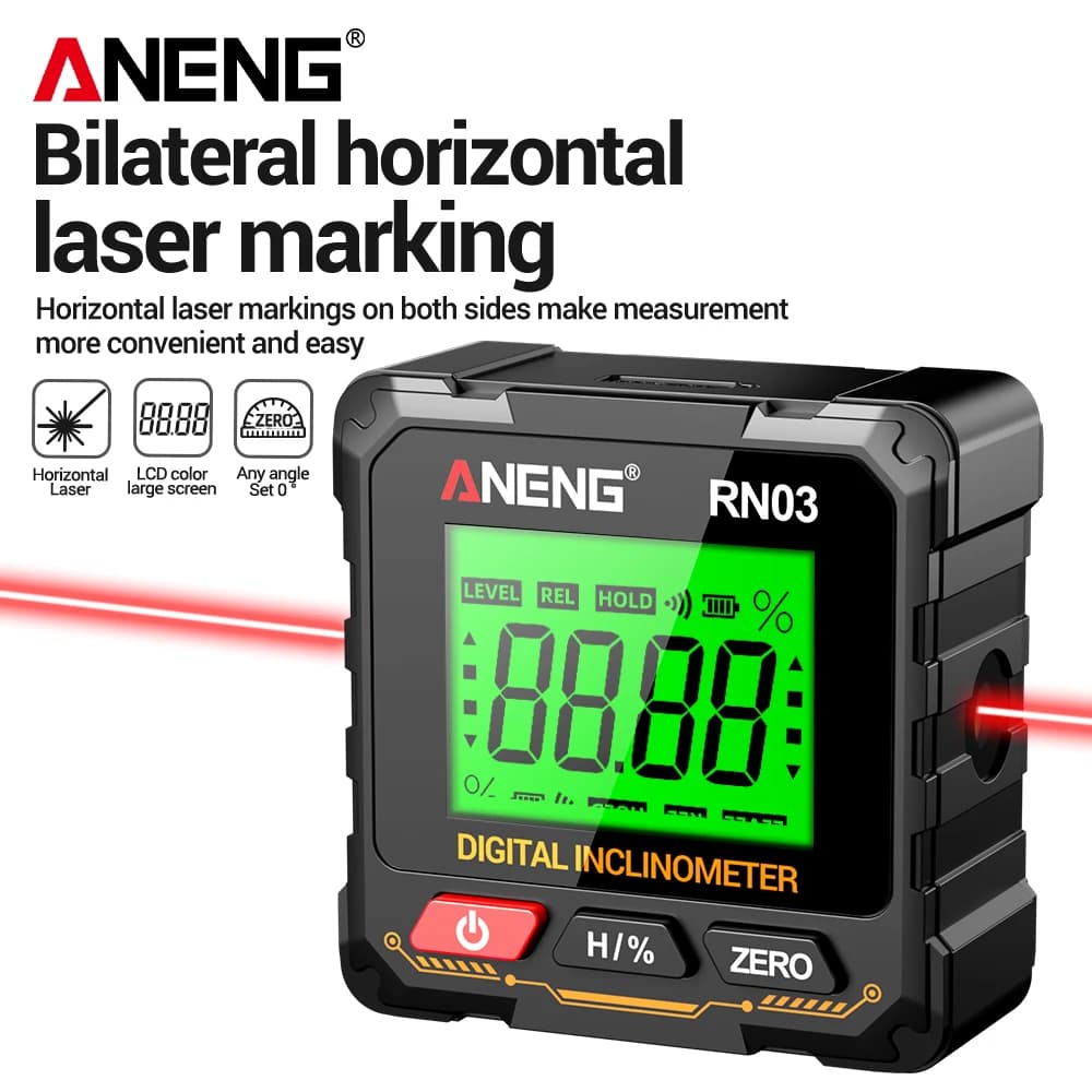 Localizador de ângulo digital magnético aneng rn03 inclinômetro laser recarregável usb transferidor nível ângulo régua medição de ângulo