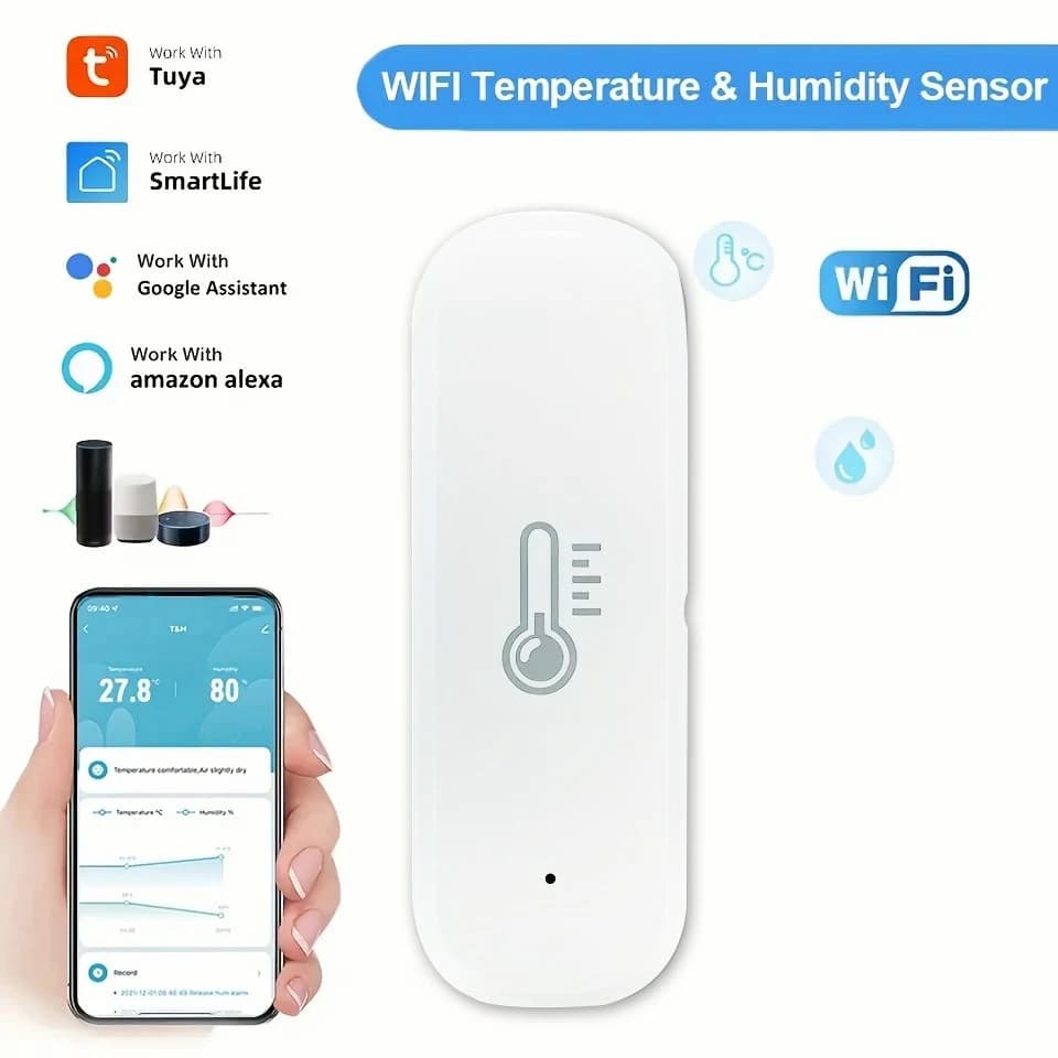 Sensor de temperatura e umidade WiFi Tuya com tela de smartphone mostrando 27.8°C e 80% de umidade