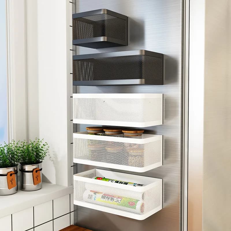Rack de armazenamento lateral magnético para geladeira, ferro, economia de espaço, cesta suspensa lateral, organizador de cozinha, prateleira, suporte de resumo doméstico