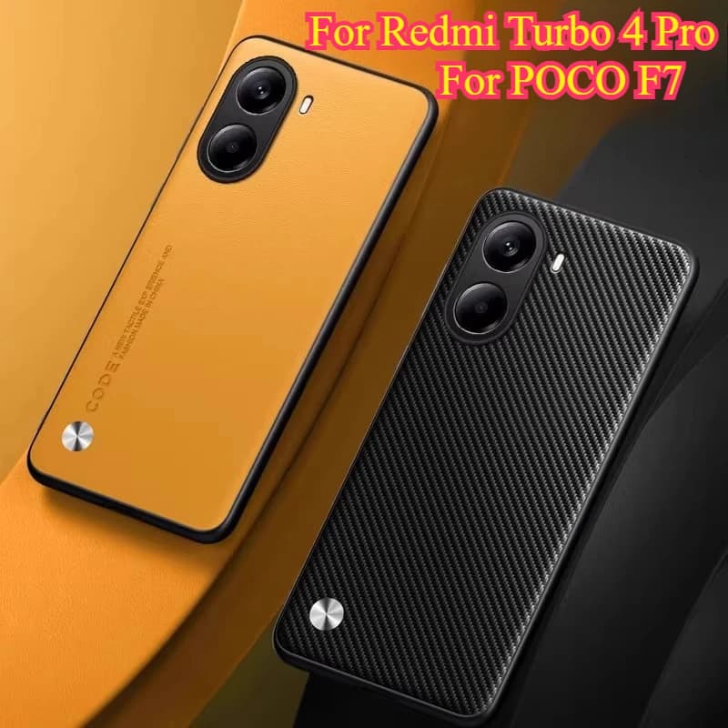 Capas de telefone de fibra de carbono para Xiaomi POCO F7, dourada e preta com textura de carbono