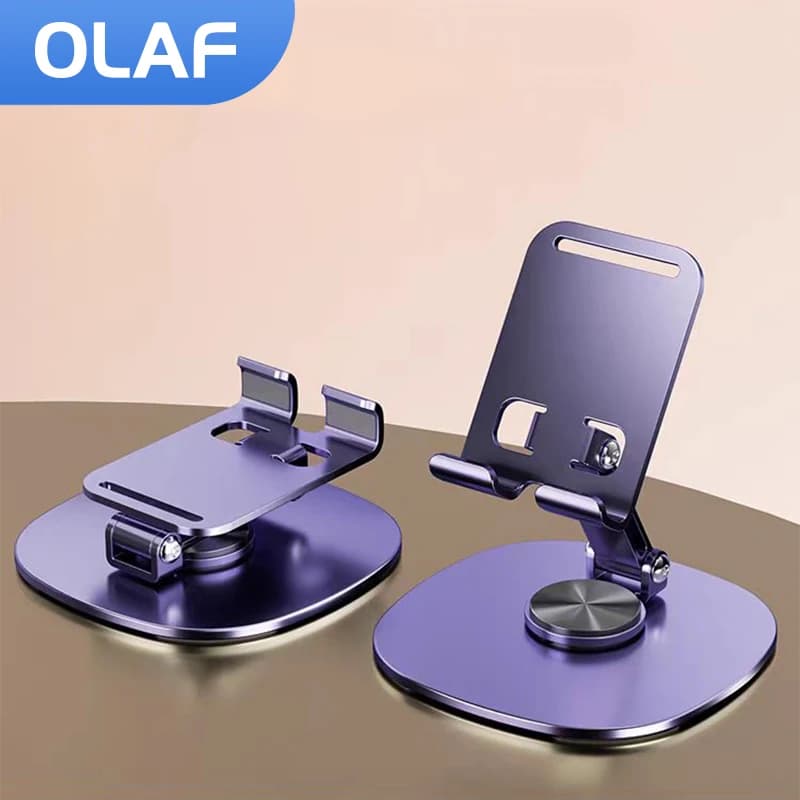 Suporte giratório para celular Olaf em posição horizontal e vertical, cor roxa metálica.
