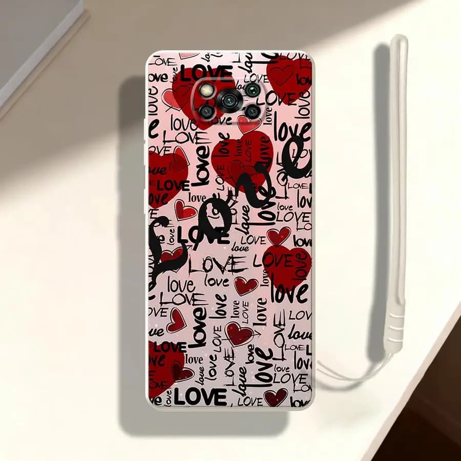 Capa traseira macia rosa para Xiaomi Poco C71 com estampa de corações vermelhos e palavras love