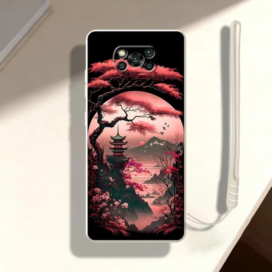 Capa de telefone soft vermelha com arte paisagística japonesa para Xiaomi Poco X3 NFC e modelos compatíveis