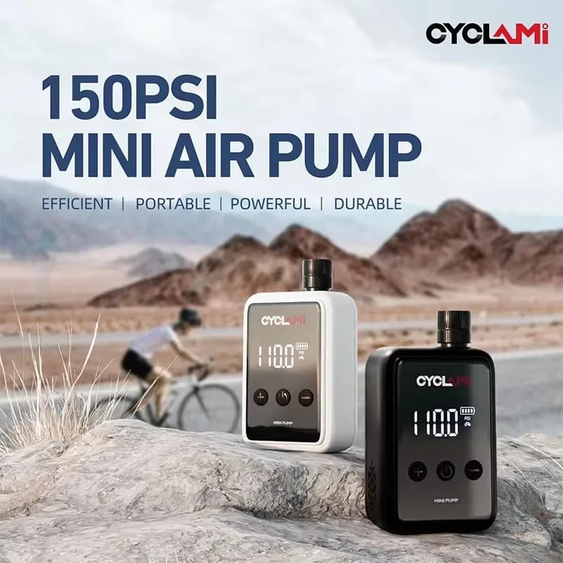 Bomba de ar elétrica para bicicleta Cyclami 150PSI, portátil e eficiente, mostrando leituras de pressão de 100.
