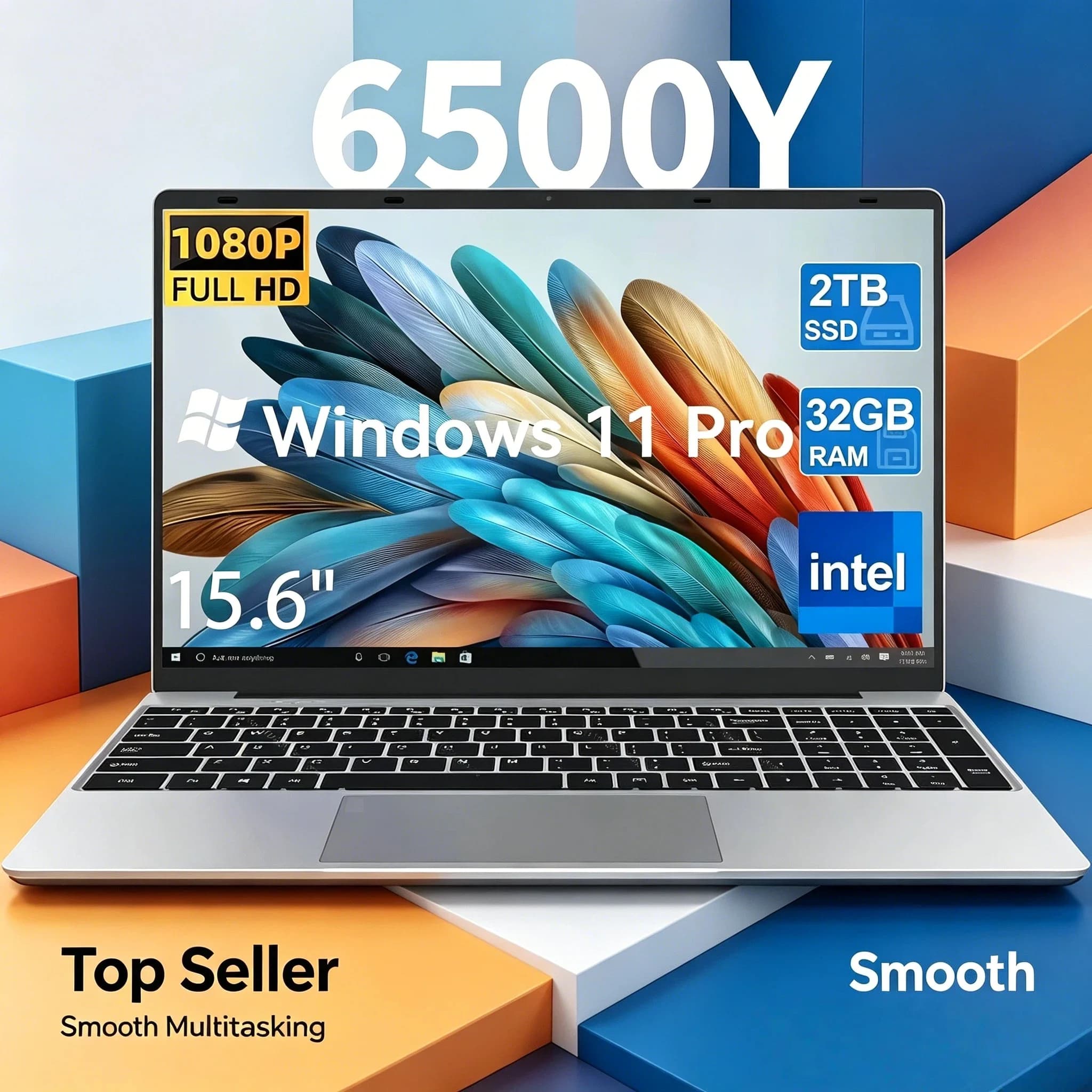 Notebook de 15,6 polegadas com tela Full HD, 32GB de RAM, 2TB SSD, processador Intel 6500Y, Windows 11 Pro, teclado retroiluminado com leitor de impressão digital.