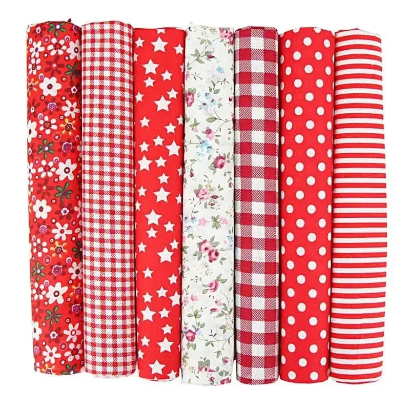 Sete rolos de tecido impresso para quilting com padrões florais, xadrez, estrelas e leopardo, 50x50cm