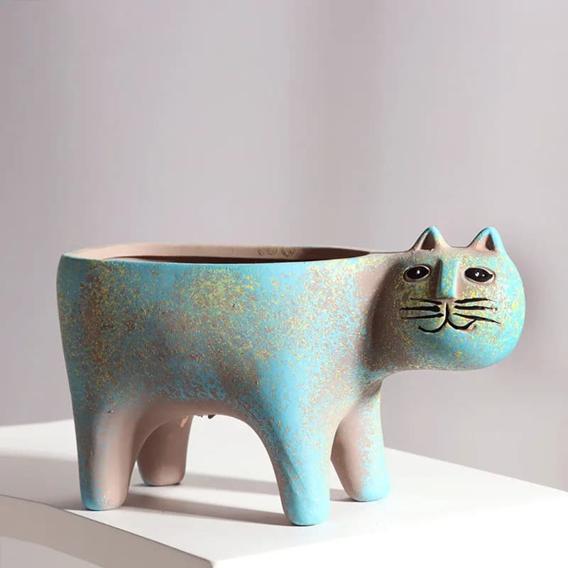 Vaso de cerâmica azul em formato de gato para suculentas, design pequeno e moderno