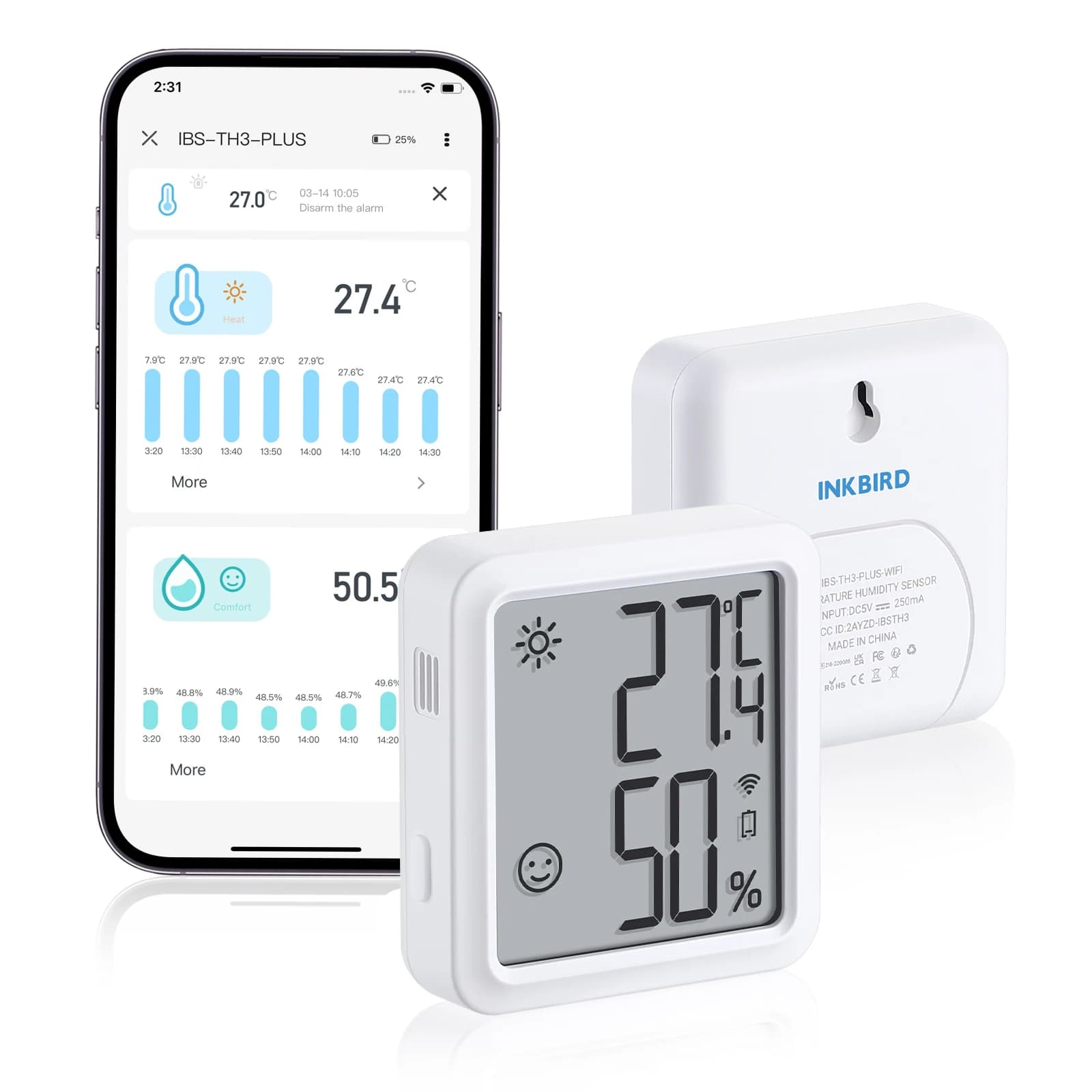 Sensor de temperatura e umidade INKBIRD IBS-TH3 Wi-Fi branco com display digital