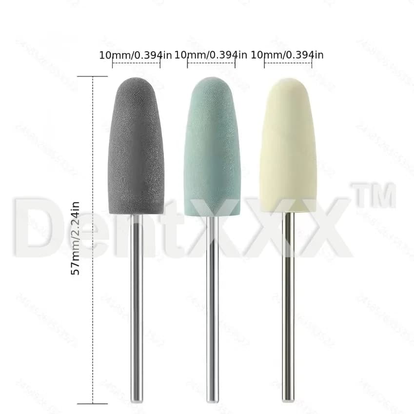 Brocas de silicone para polimento profissional em cores cinza, verde e bege com medidas detalhadas