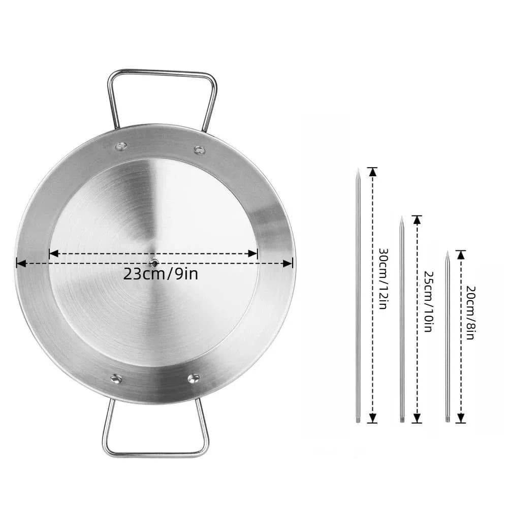 Suporte redondo inox para espeto de shawarma com três espetos removíveis de diferentes tamanhos ao lado