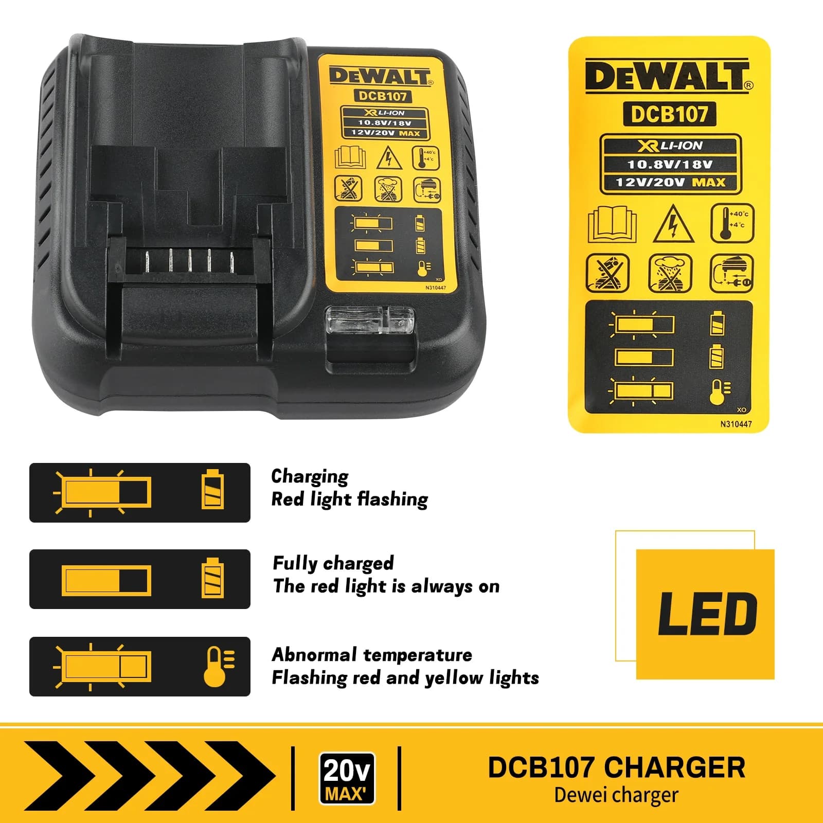 Carregador Dewalt NEW2026 089LG DCB107 compatível com baterias de lítio de 10.8V, 12V, 18V, 20V, para ferramentas elétricas de nível laser DW089LG.