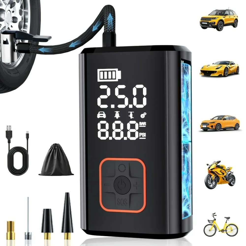 Compressor de ar portátil preto e laranja, digital, para pneus de carro, bicicleta, motocicleta e bolas