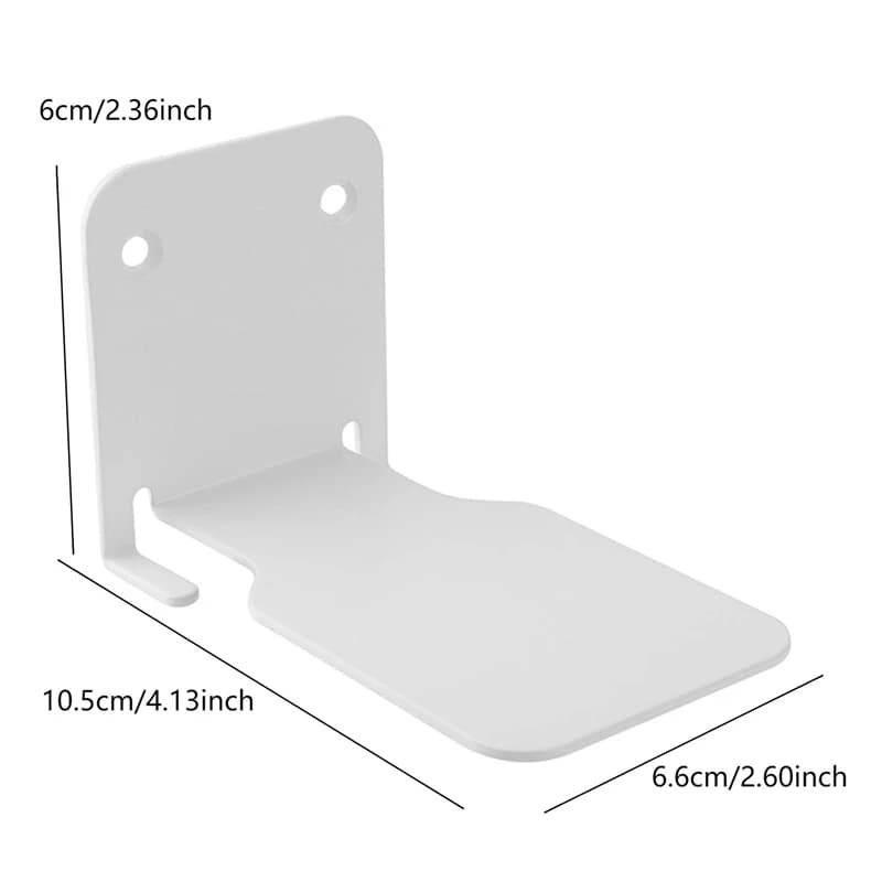 Suporte branco metálico para prateleira flutuante invisível com dimensões detalhadas para instalação