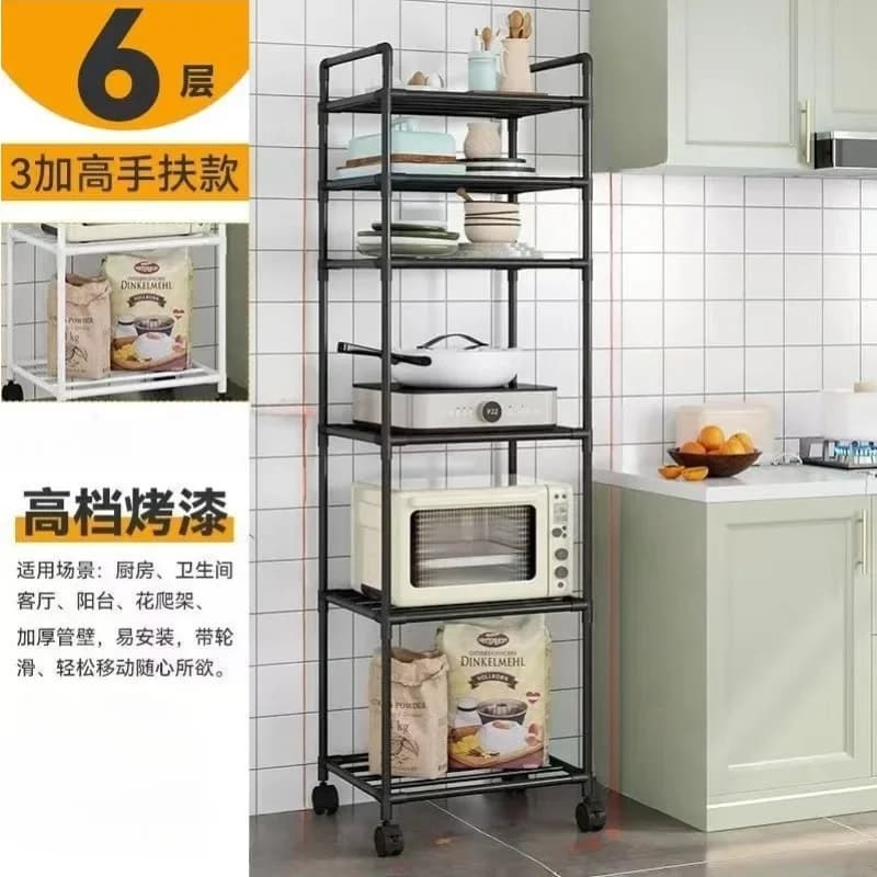 Prateleira preta de armazenamento com 6 níveis e rodas, ideal para cozinha, suporte resistente e móvel