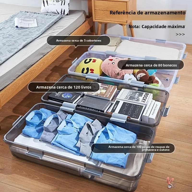 Caixas organizadoras ultrafinas para armazenamento sob a cama, transparentes, com divisórias e tampas, indicando capacidades de armazenamento.