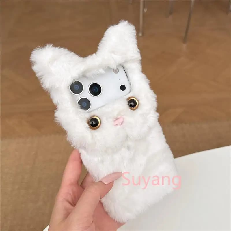 Capa de telefone em forma de gato 3D com pelo de inverno branco