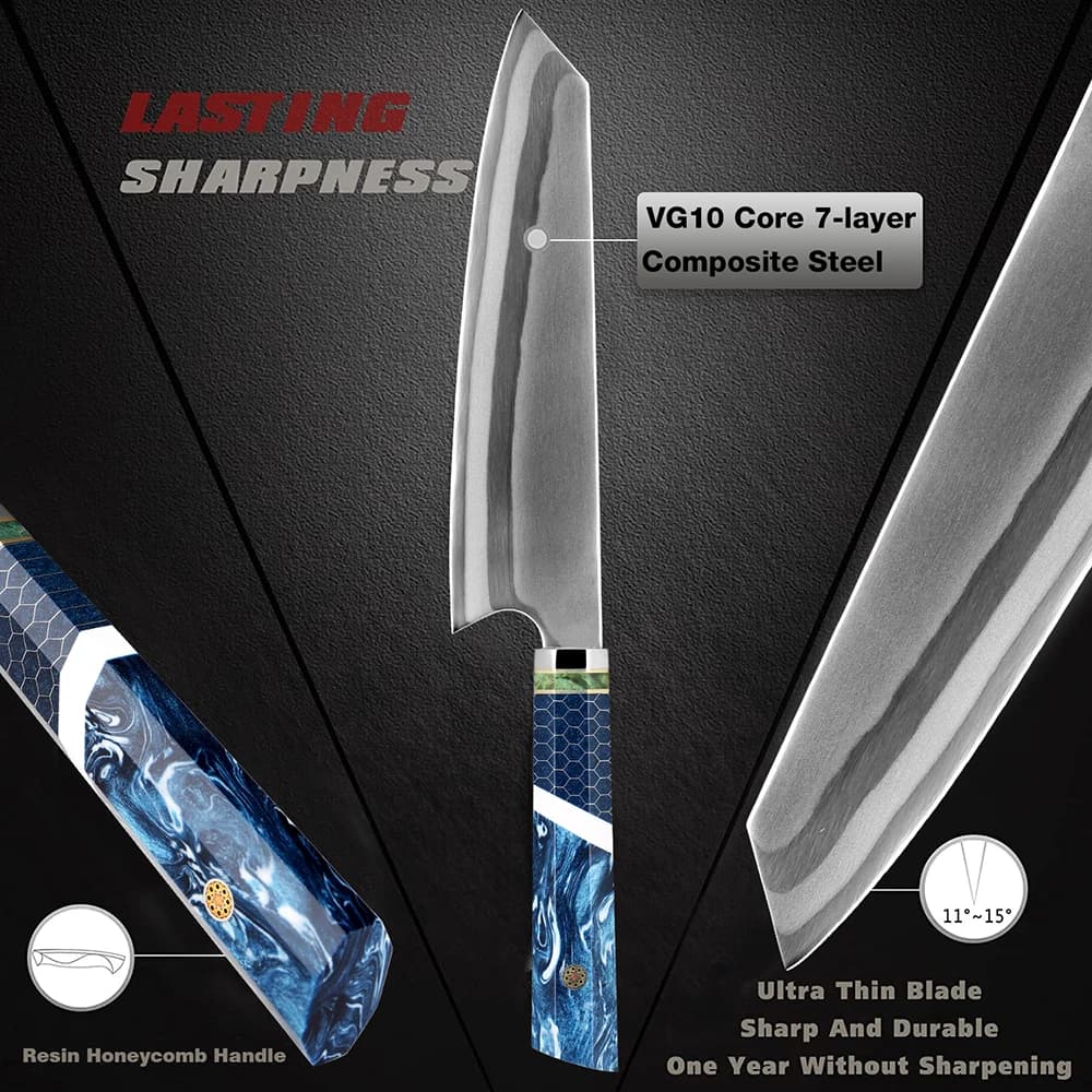 Faca de chef Kiritsuke japonesa 8 polegadas com lâmina VG10 7 camadas e cabo azul de resina honeycomb