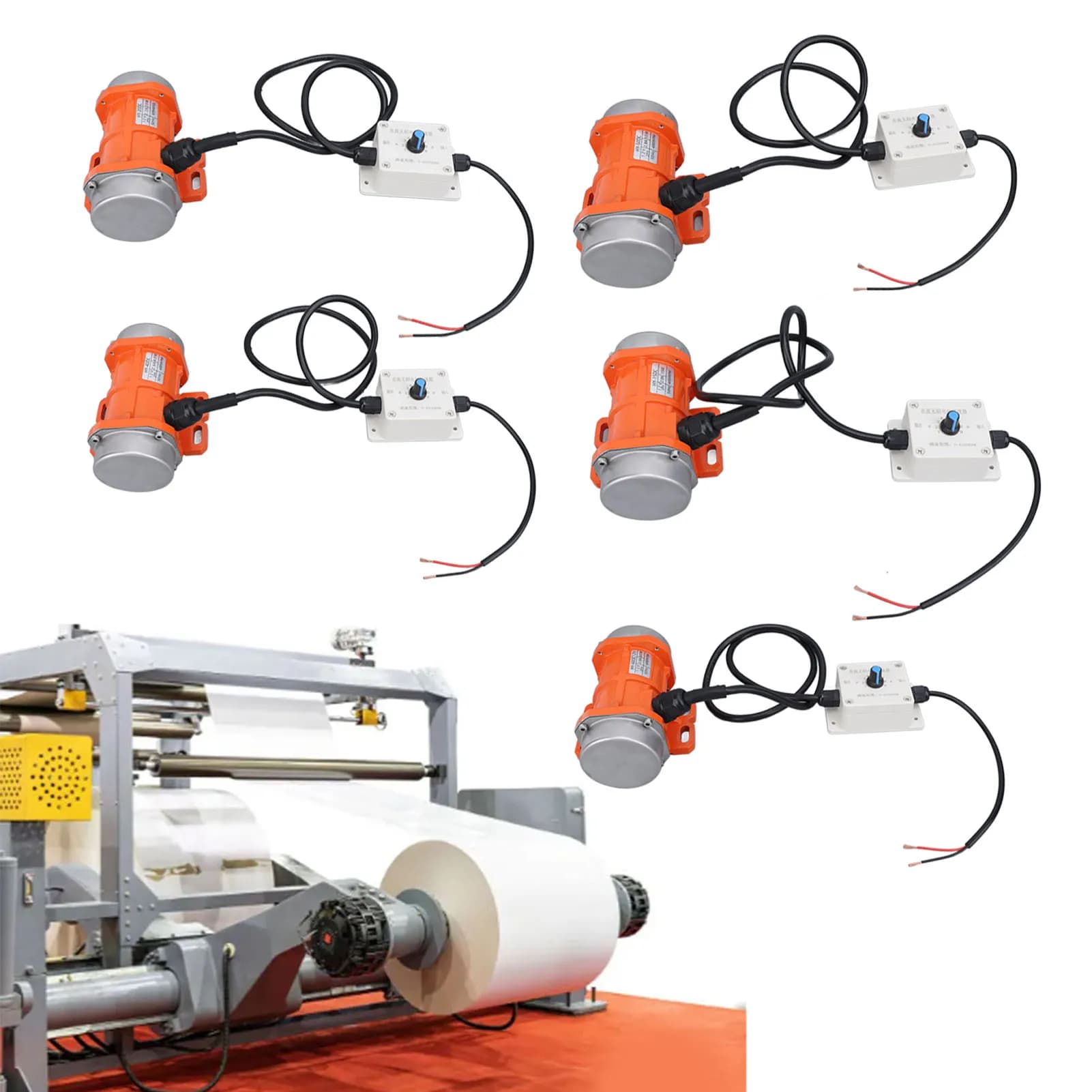 Motores vibradores de concreto brushless 12V DC com controle de velocidade instalados em máquina industrial