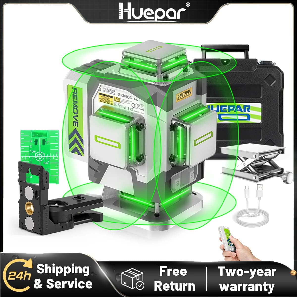 Huepar ZK04CG-L 4d linha cruzada laser nível profissional ± 2mm/10m precisão auto-nivelamento ferramentas laser verde com bateria de íon-lítio