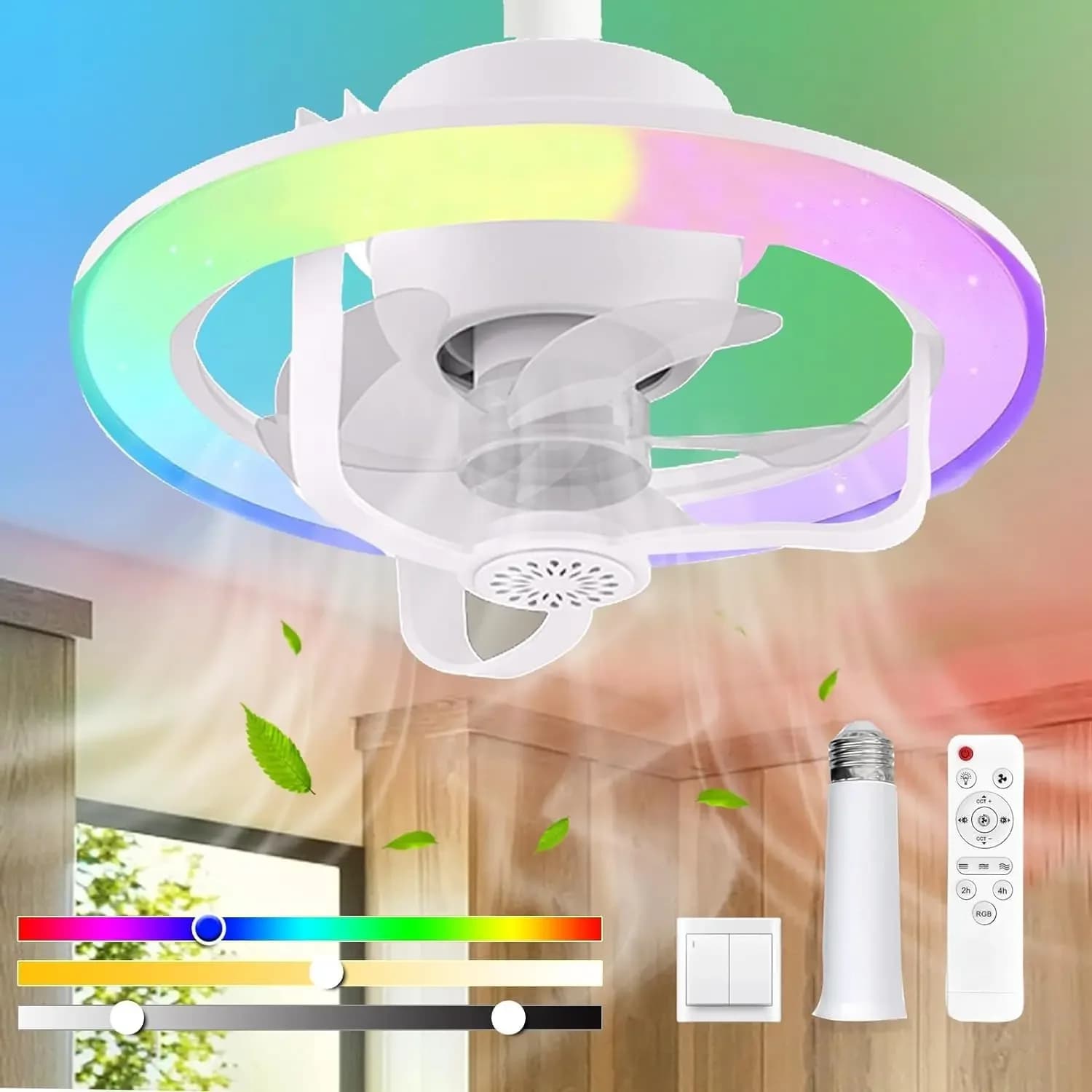 E27 ventilador de teto lâmpada com luz led e lustre controle remoto cor rgb regulável para casa quarto ventillator